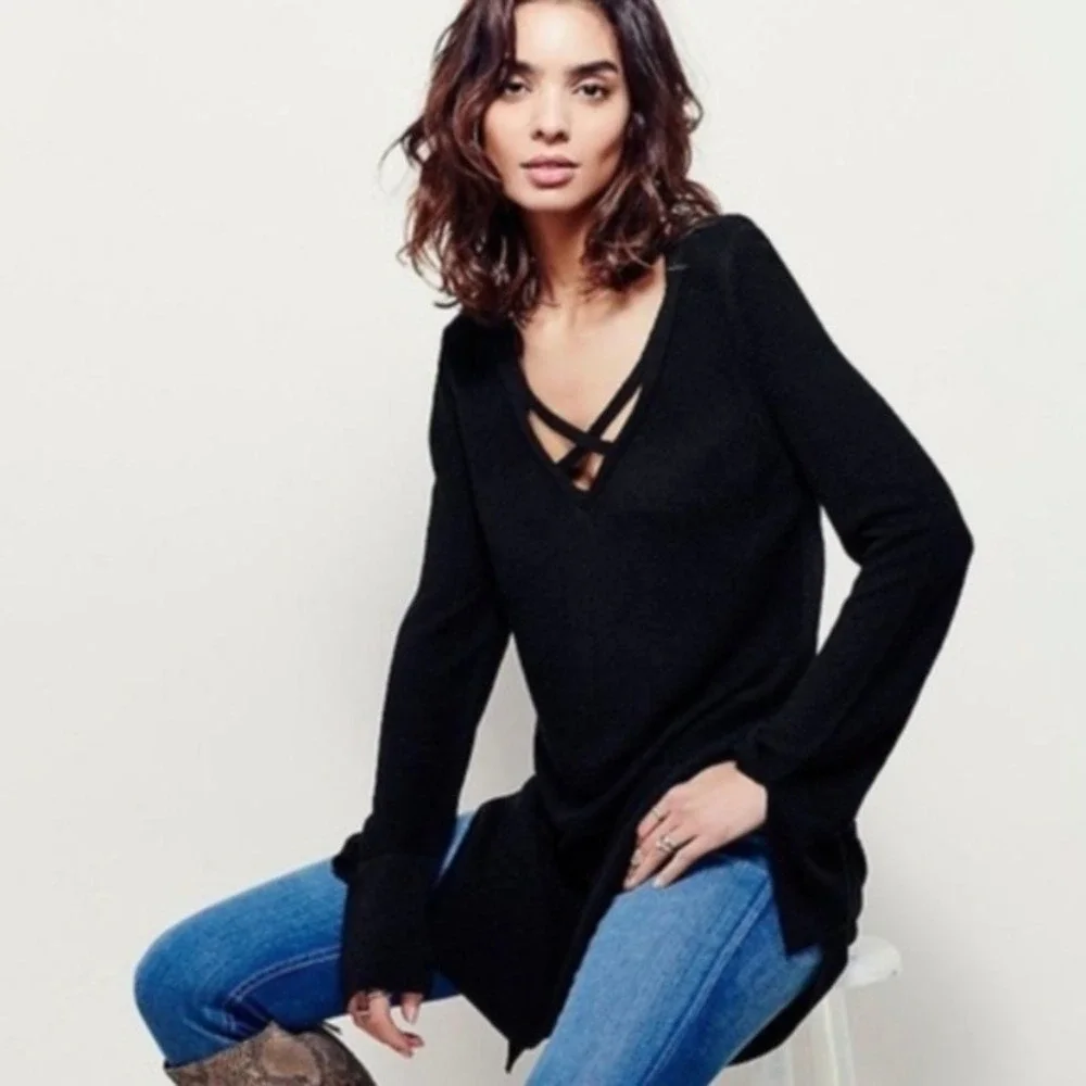 Free‎ People Criss Cross Tunic Knit Sweater Black Womens Medium